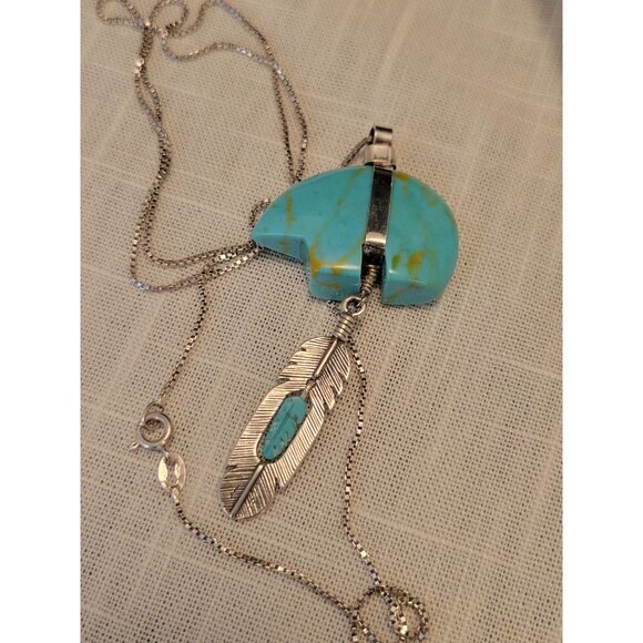 Sterling Silver 925 & Turquoise Bear Fetish Pendant Necklace W/ Dangling Feather - Picture 4 of 9